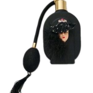 Vintage Black Mattee Perfume Bottle W/ Atomizer Decorative Woman W/ Hat